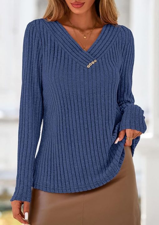 Casual Ribbed V Neck Top CH18 - Image 2