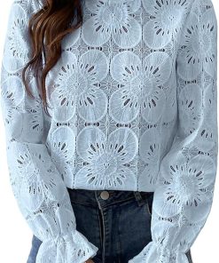 Women Eyelet Long Sleeve Top CH6