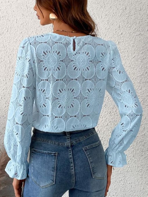 Women Eyelet Long Sleeve Top CH6 - Image 2