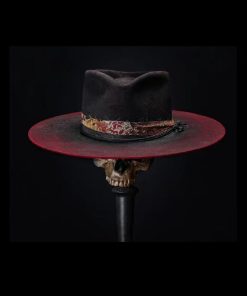 Distressed Fedora with Red and White Patterned Band