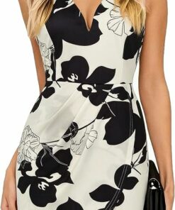 Black White Floral Wrap V Neck Dress CH54