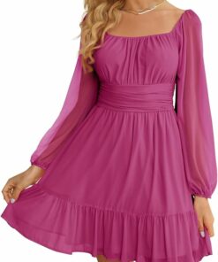 Rose Red Mesh Long Sleeve Dress CH86