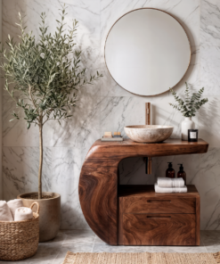 Modern Organic Wooden Bathroom Vanity With Storage Cabinet