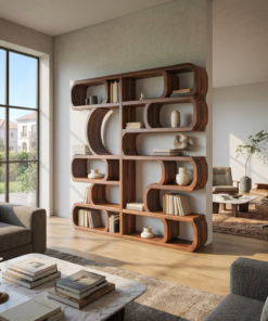 Modern Sculptural Bookshelf With Symmetrical Curves For Living Room Or Office