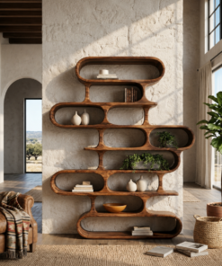 Organic Sculptural Wood Bookshelf With Curved Form For Living Room Or Office