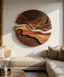 Organic Wooden Wall Clock With Unique Form For Living Room