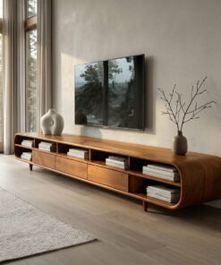Mid Century Wooden TV Cabinet With Multiple Compartments For Living