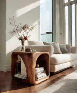 Modern Wooden Side Table With Sculptural Hollow Form For Living Room