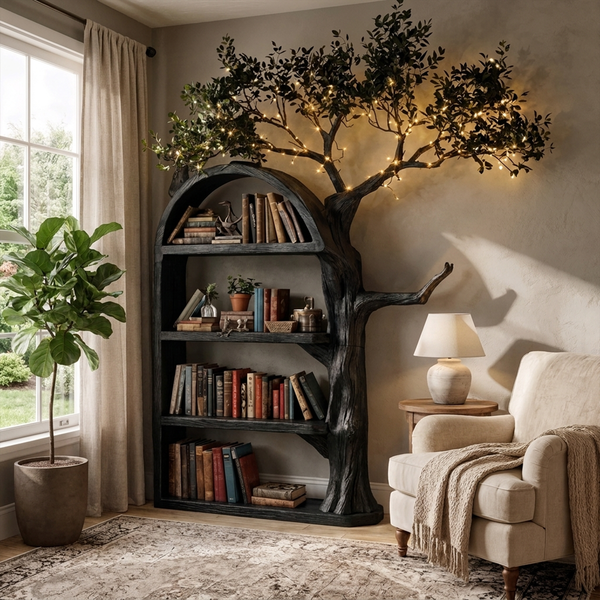 Rustic Tree Bookshelf Living Room Wall Display - Image 4