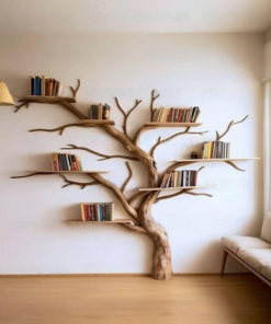 Artistic Wild Mulberry Solid Wood Tree Bookshelf For Living Room