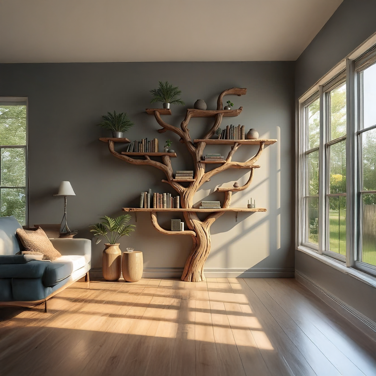 Corner Branch Shelf Wood Bookcase Wall Mounted - Image 2