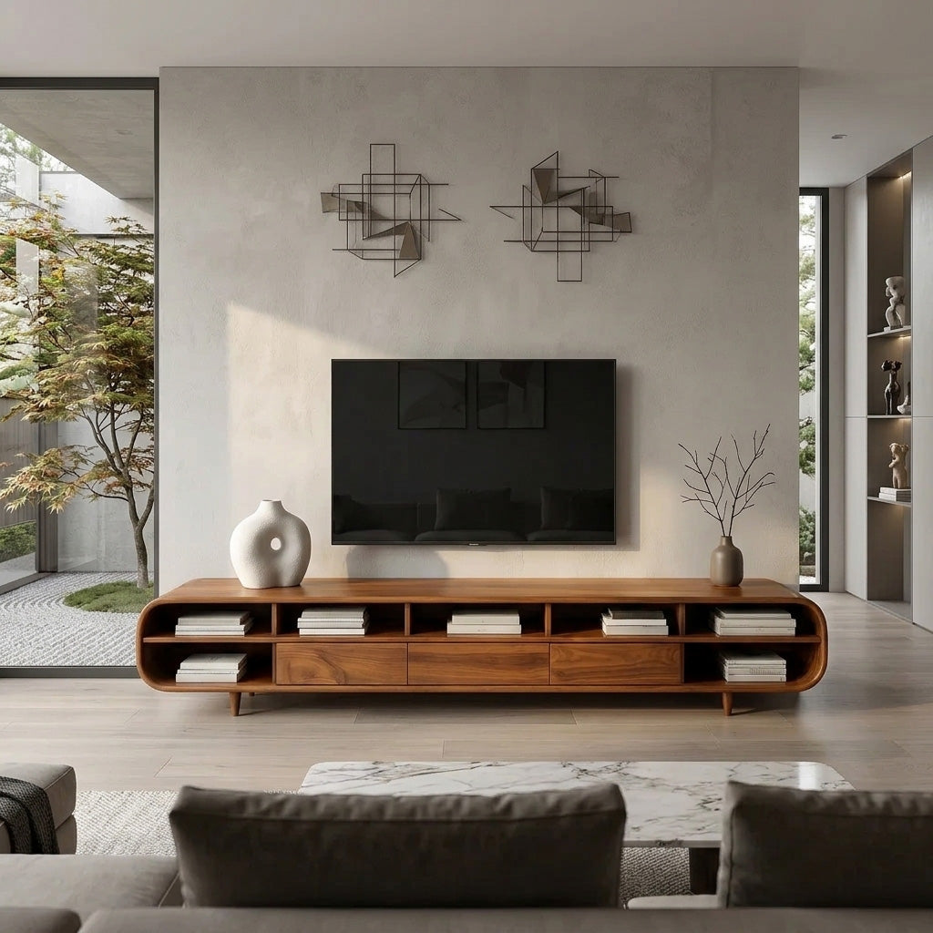 Mid Century Wooden TV Cabinet With Multiple Compartments For Living - Image 2