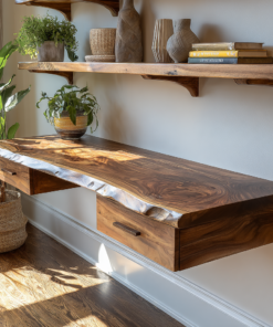 Aelric Live Edge Solid Wood Floating Desk With Drawers