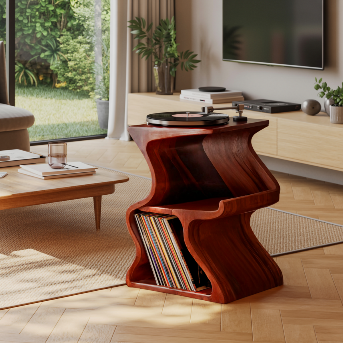 Aurea Wave Sculptural Solid Wood Record Player Stand - Image 2