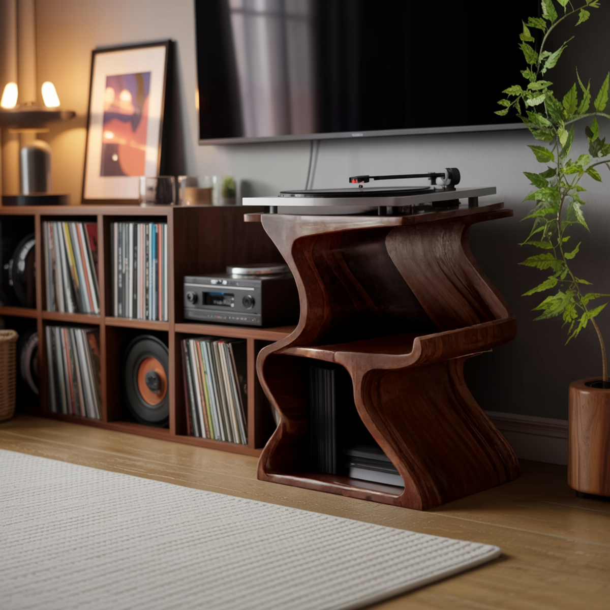 Aurea Wave Sculptural Solid Wood Record Player Stand - Image 3