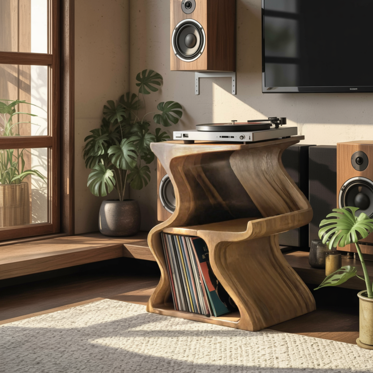 Aurea Wave Sculptural Solid Wood Record Player Stand - Image 4