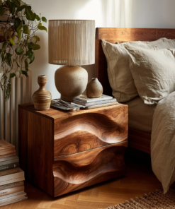 Aurelin Wave Handcrafted Wood Bedside Table