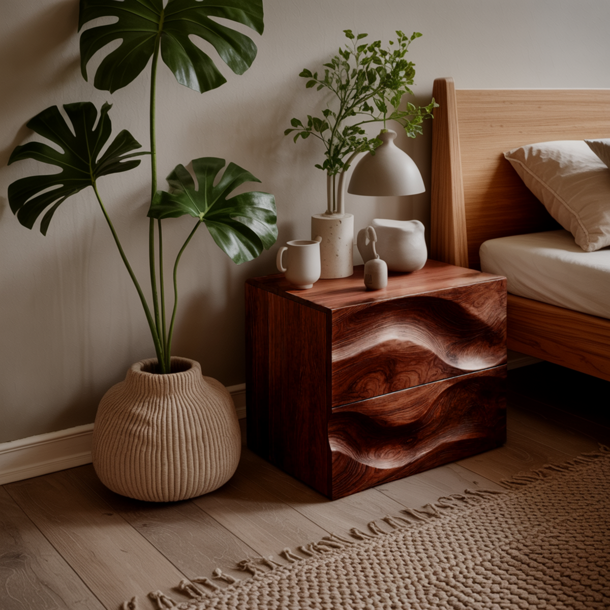 Aurelin Wave Handcrafted Wood Bedside Table - Image 2