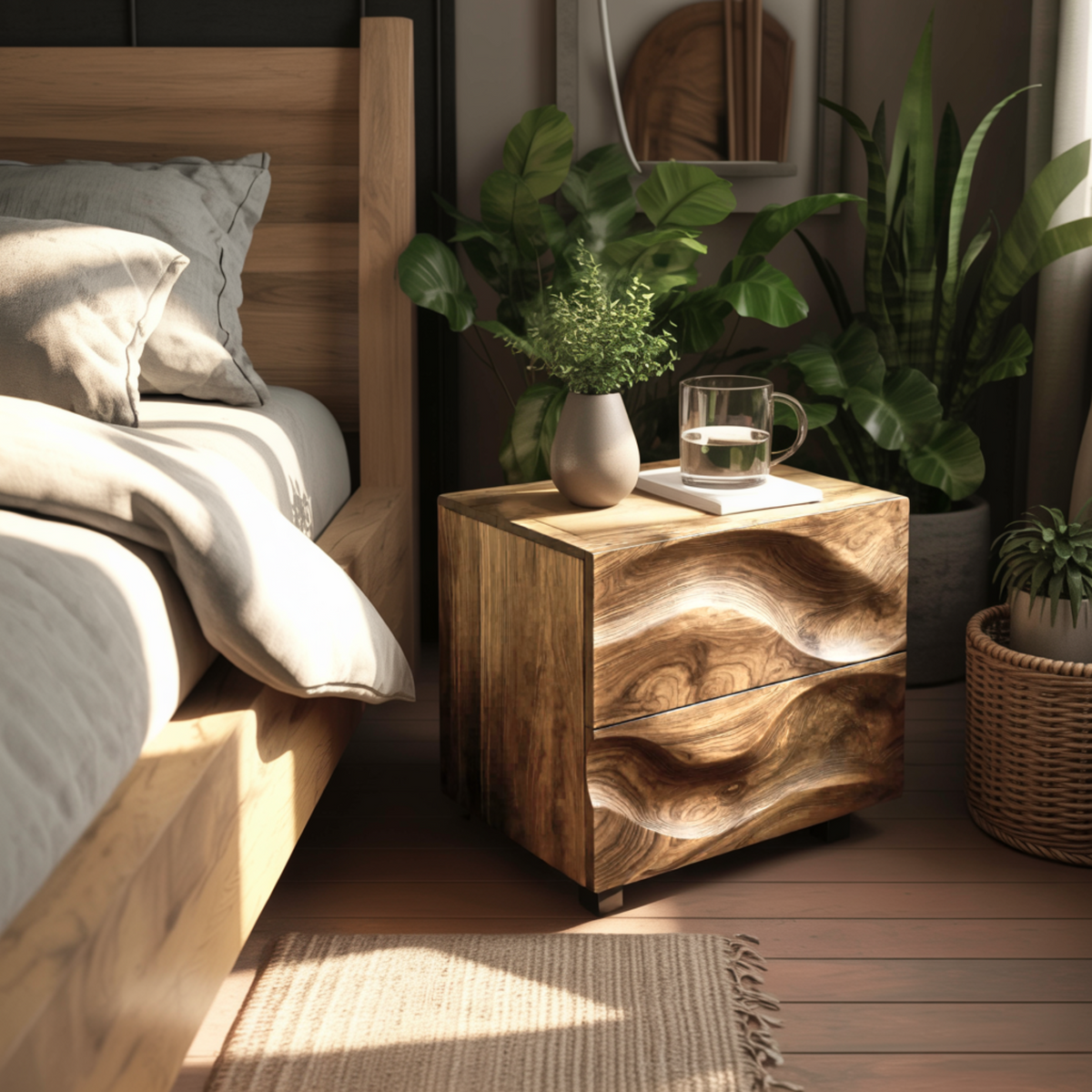Aurelin Wave Handcrafted Wood Bedside Table - Image 4