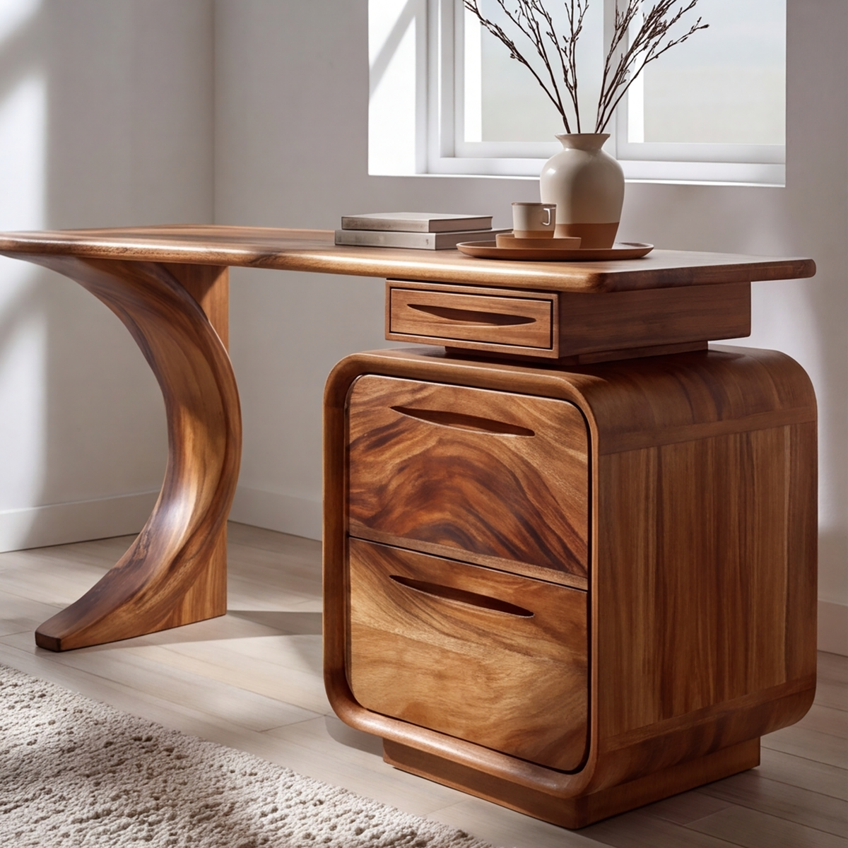 Aurelith Sculpted Solid Wood Desk With Drawers - Image 2