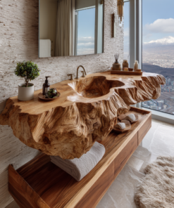Averon Organic Carved Solid Wood Floating Bathroom Vanity With Integrated Sink