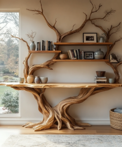 Elarion Tree Trunk Sculpted Solid Wood Console Table With Shelves