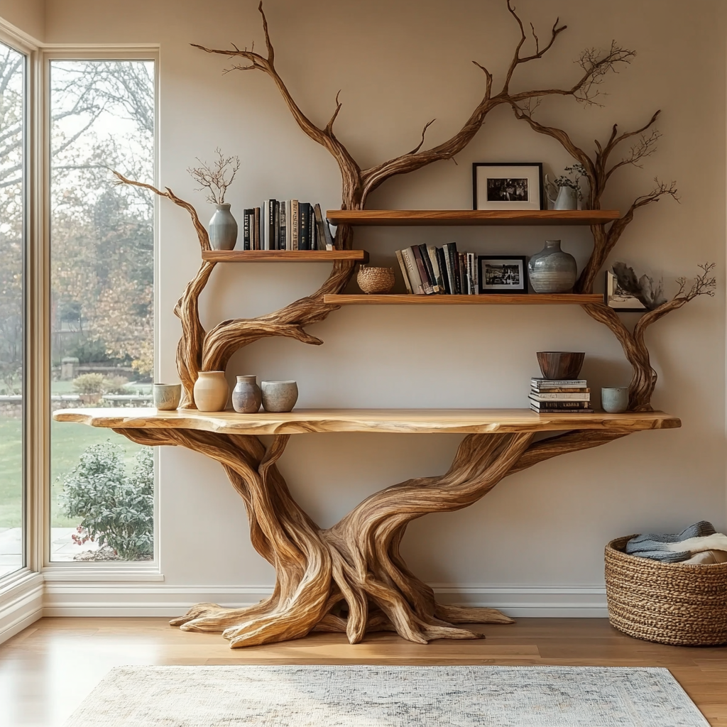 Elarion Tree Trunk Sculpted Solid Wood Console Table With Shelves