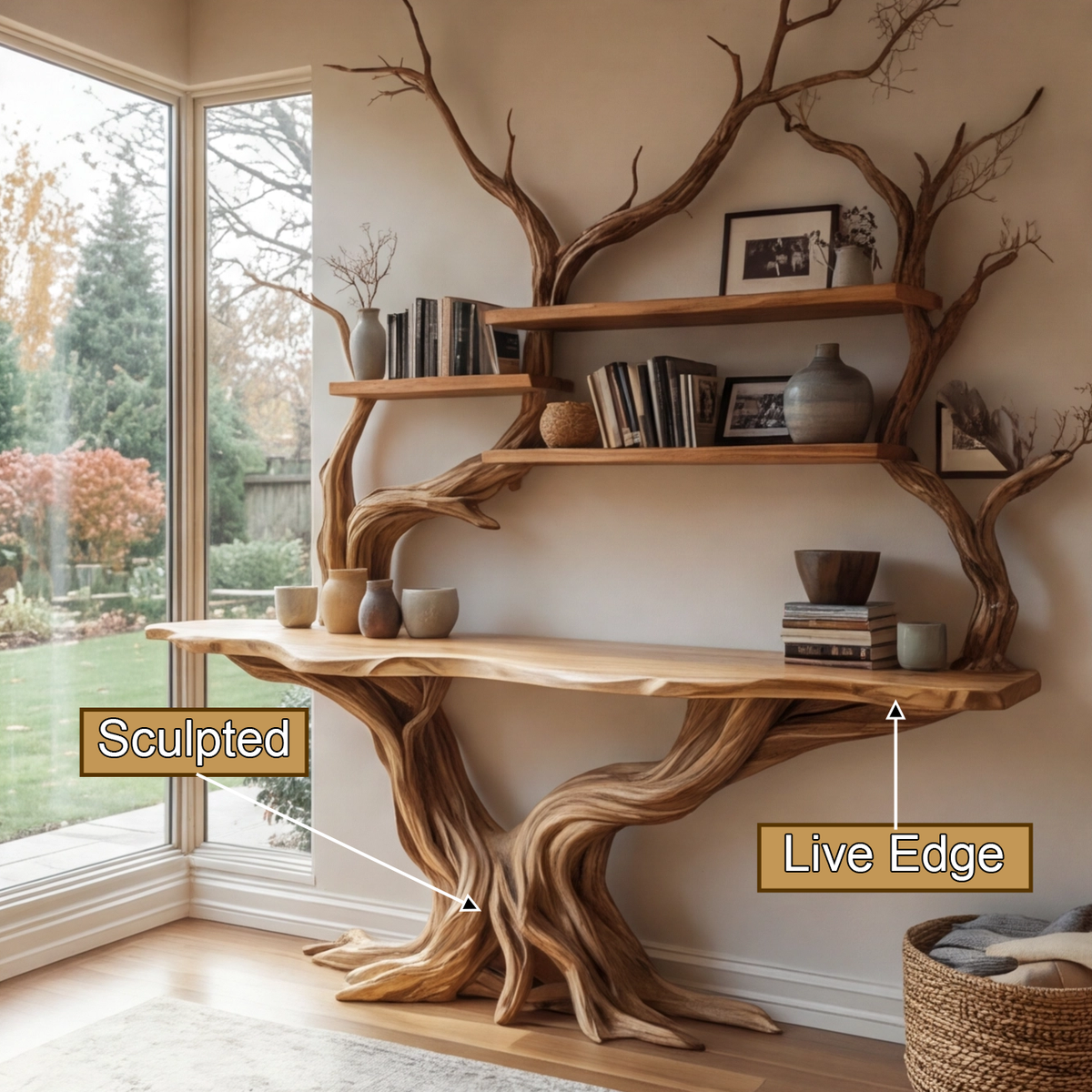 Elarion Tree Trunk Sculpted Solid Wood Console Table With Shelves - Image 3