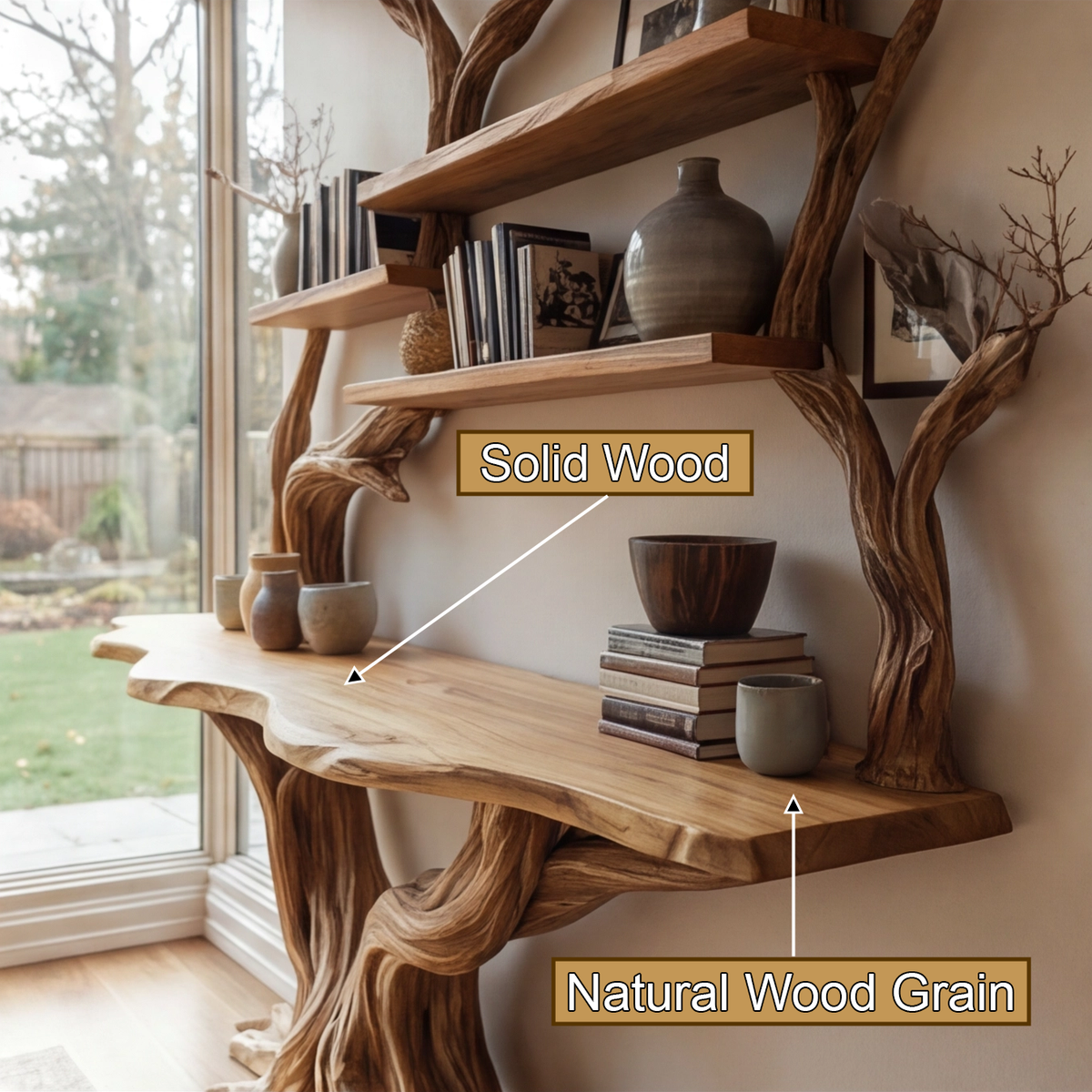 Elarion Tree Trunk Sculpted Solid Wood Console Table With Shelves - Image 2