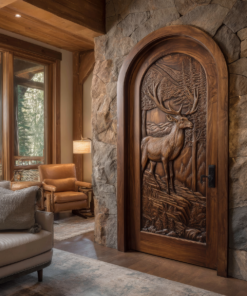 Highcrest Handcrafted Solid Wood Deer Landscape Arched Single Door