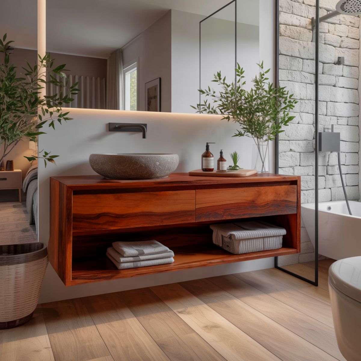 Lunara Minimal Japandi Handcrafted Solid Wood Floating Bathroom Vanity With Drawers - Image 2