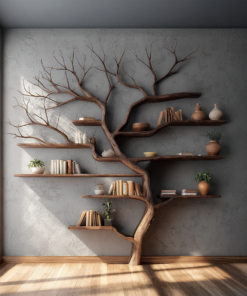 Rustic Tree Branch Bookshelf Living Wall