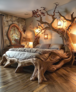 Rustic Solid Wood Bed Frame Queen Bed Vintage Housewarming Gift