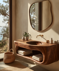 Solene Sculpted Solid Wood Floating Bathroom Vanity With Integrated Sink And Open Storage