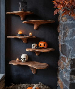 Mid Century Live Edge Mushroom Shelf Halloween Bedroom Styling
