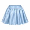Women's baby blue satin gathered mini skirt with elastic back waist, ghost mannequin front view on white