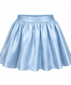 Women's baby blue satin gathered mini skirt with elastic back waist, ghost mannequin front view on white