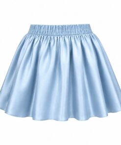 Back view of baby blue satin mini skirt showing the elastic back waist, on white