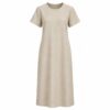 Women's beige linen blend short sleeve t-shirt midi dress with round neck, ghost mannequin front view on white