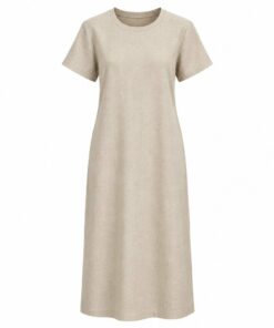 Women's beige linen blend short sleeve t-shirt midi dress with round neck, ghost mannequin front view on white