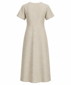 Back view of beige linen t-shirt dress with relaxed straight fit on white