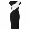 Women's black and white cocktail dress with geometric color-block bodice, ghost mannequin front view on white
