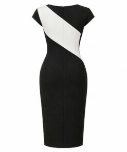 Back view of fitted black midi cocktail dress with cap sleeves on white background
