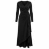Women's black long sleeve asymmetric wrap maxi dress with draped side, ghost mannequin front view on white