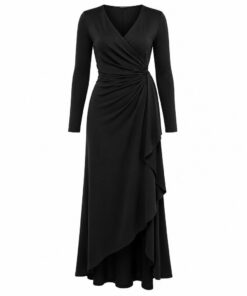 Women's black long sleeve asymmetric wrap maxi dress with draped side, ghost mannequin front view on white