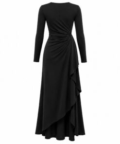 Back view of black cotton jersey asymmetric maxi dress with uneven hem on white
