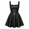 Women's black faux leather sleeveless mini dress with square neck and skater skirt, ghost mannequin front view on white