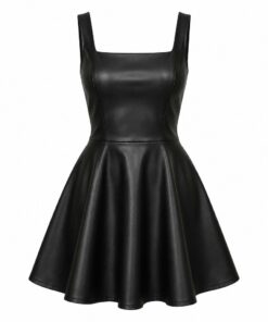Women's black faux leather sleeveless mini dress with square neck and skater skirt, ghost mannequin front view on white