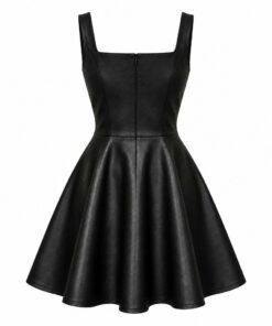 Back view of black vegan leather skater mini dress on white