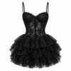 Women's black lace corset-style mini dress with layered ruffle tulle skirt, ghost mannequin front view on white